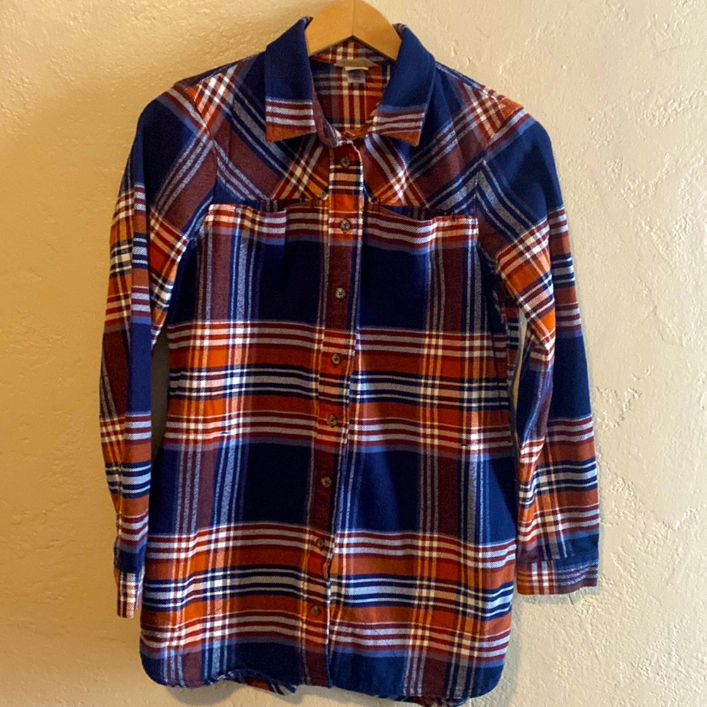 Duluth Trading Women’s Blue Rust Brown White Plaid Flannel Shirt  Small